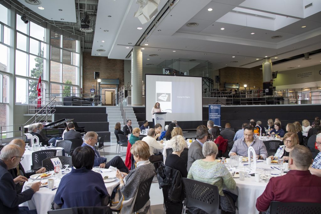 Barb van Ingen explains how CUE provides supports for our students' mental health at The President's Fundraising Breakfast for Mental Health